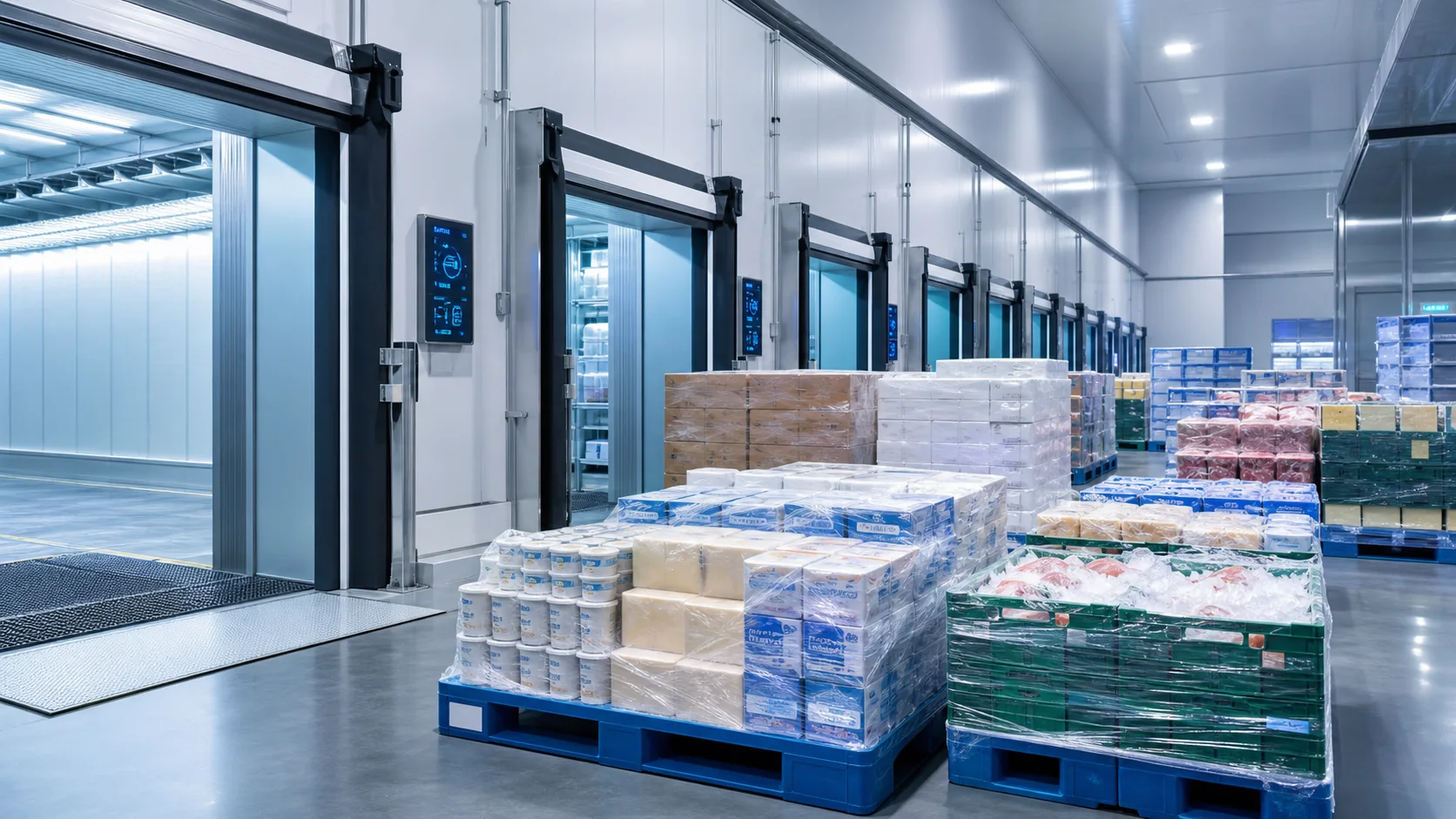Organized chilled dispatch pallets in a refrigerated area