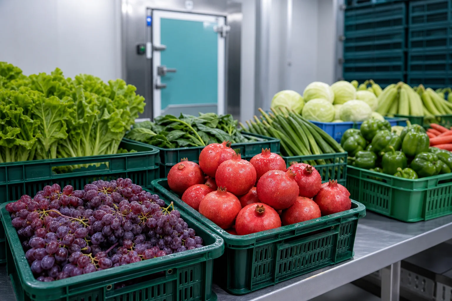 Fresh produce staged in a clean cold room